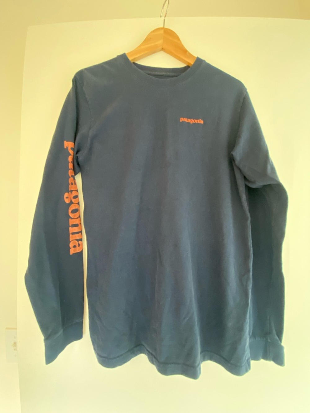 Patagonia Long-Sleeve Crew Tee in Navy with Orange Logo